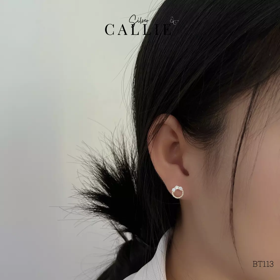 BT113 - Bông tai bạc Callie Silver vòng tròn 3 viên đá - Hình ảnh 2