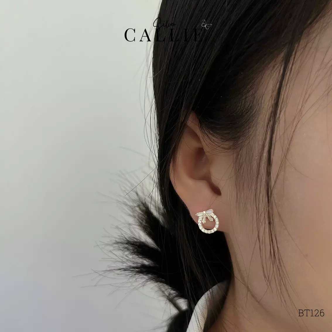 BT126 - Bông tai bạc Callie Silver vòng tròn nơ đính đá - Hình ảnh 2