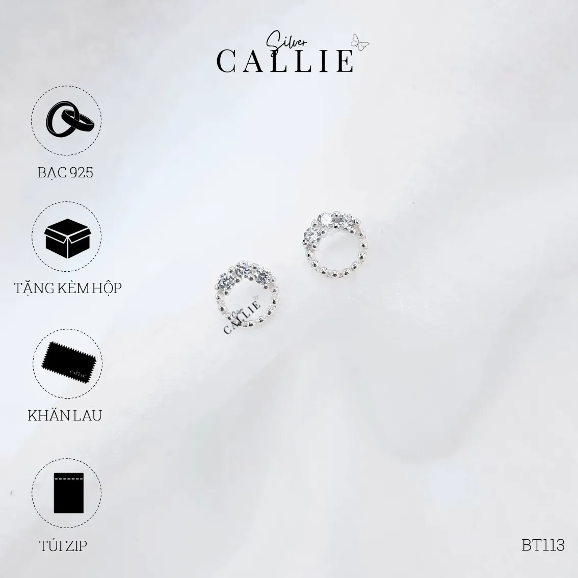 BT113 - Bông tai bạc Callie Silver vòng tròn 3 viên đá - Hình ảnh 7