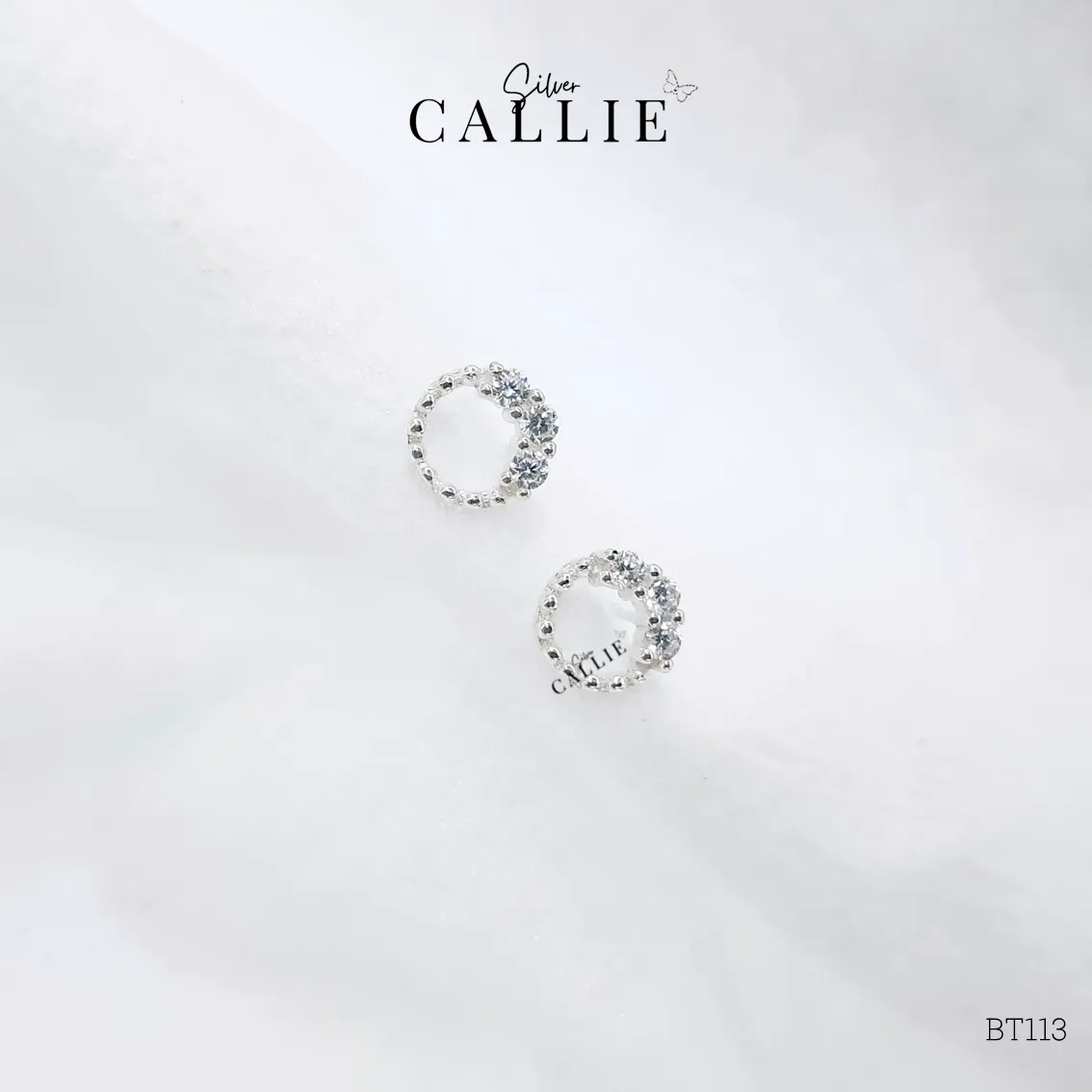 BT113 - Bông tai bạc Callie Silver vòng tròn 3 viên đá - Hình ảnh 4