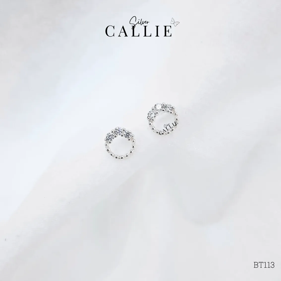 BT113 - Bông tai bạc Callie Silver vòng tròn 3 viên đá - Hình ảnh 6