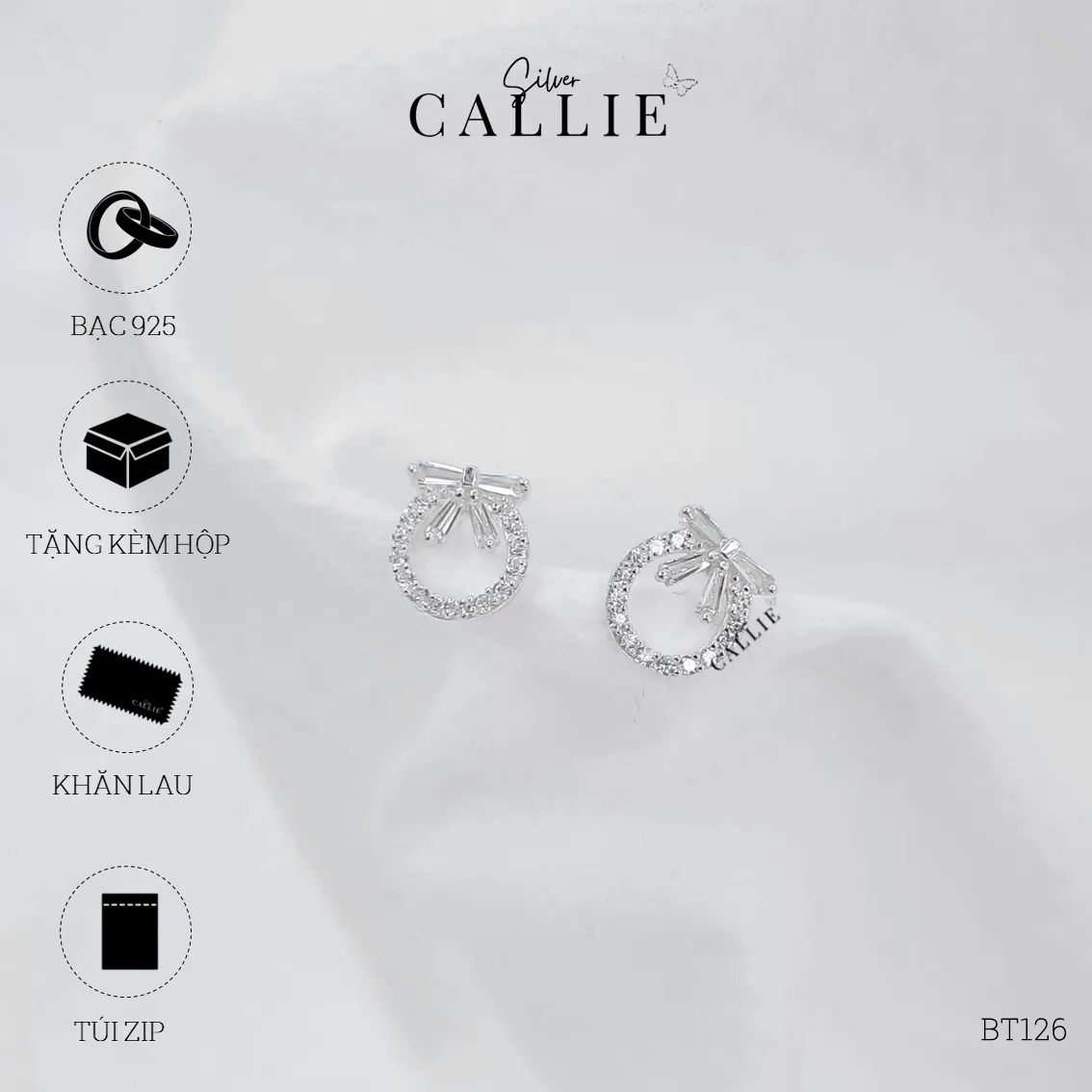 BT126 - Bông tai bạc Callie Silver vòng tròn nơ đính đá - Hình ảnh 8