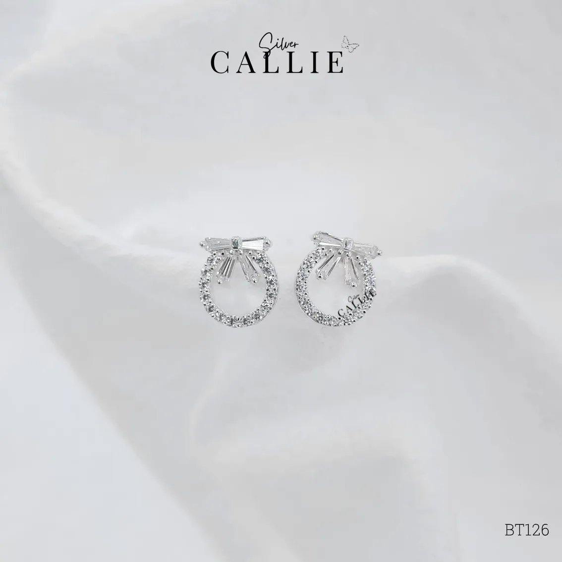 BT126 - Bông tai bạc Callie Silver vòng tròn nơ đính đá