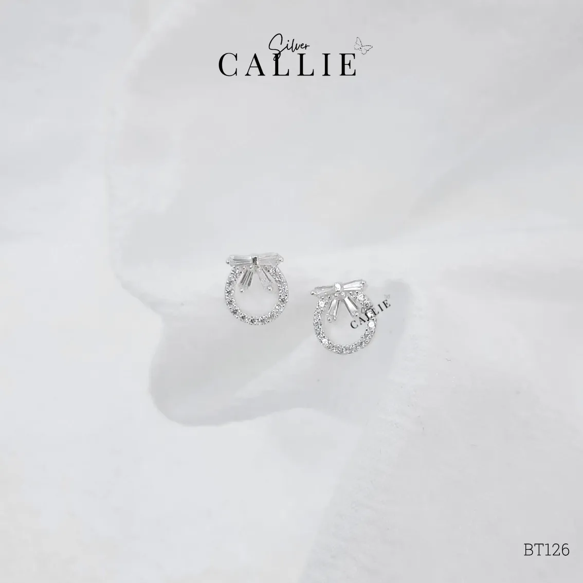 BT126 - Bông tai bạc Callie Silver vòng tròn nơ đính đá - Hình ảnh 3