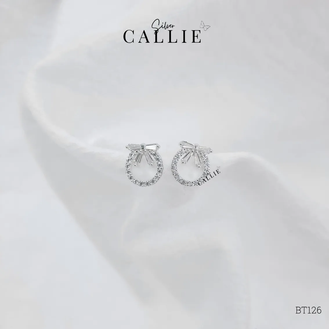 BT126 - Bông tai bạc Callie Silver vòng tròn nơ đính đá - Hình ảnh 7