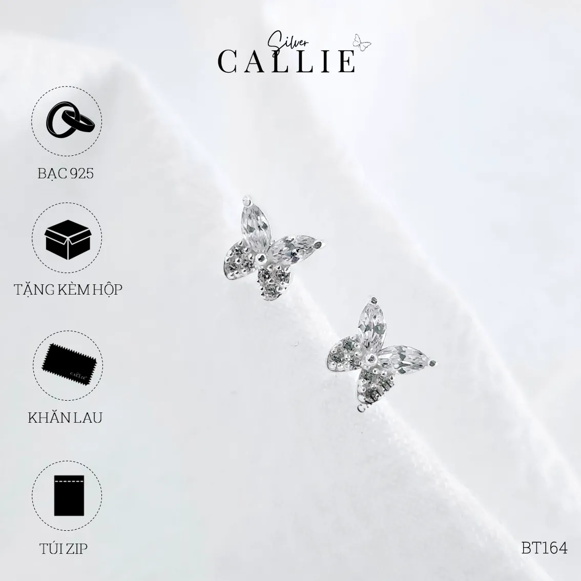BT164 - Bông tai bạc Callie Silver bướm thiết kế không dây - Hình ảnh 8