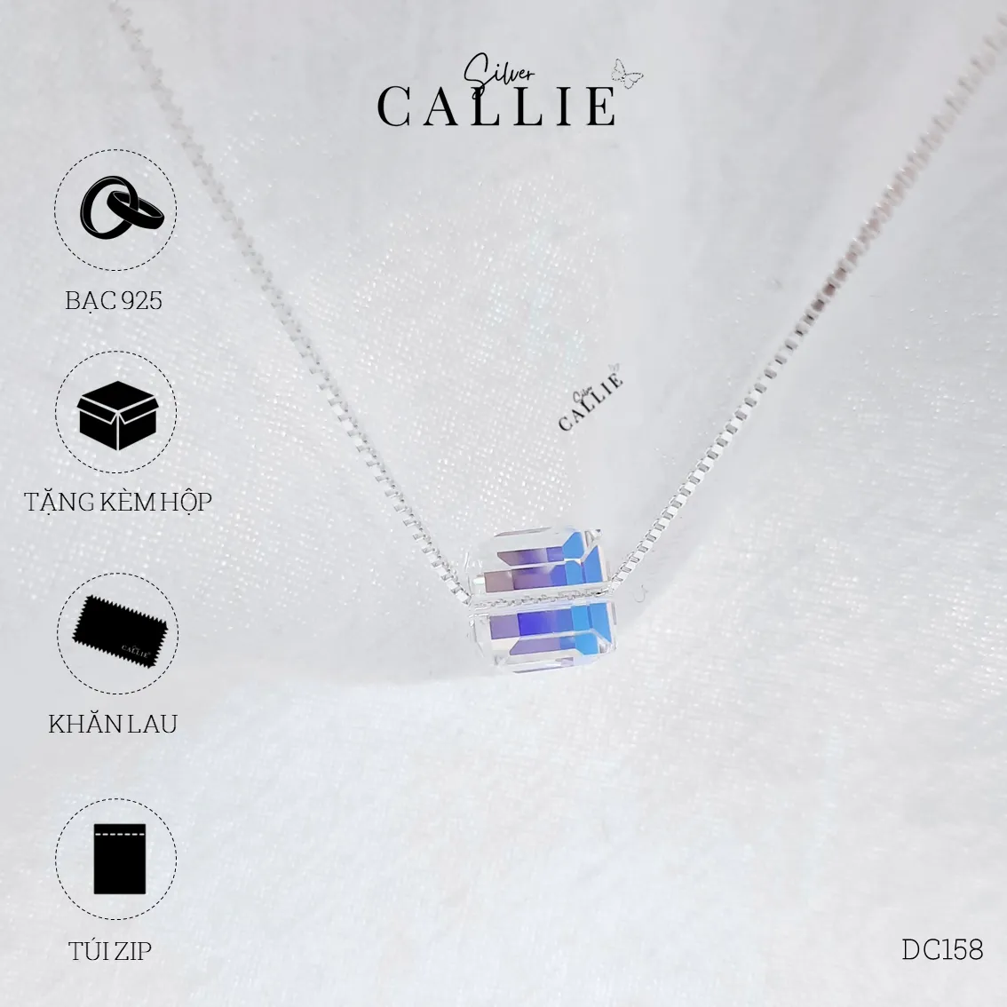 DC158 - Dây chuyền bạc Callie Silver 1 khối vuông pha lê - Hình ảnh 11