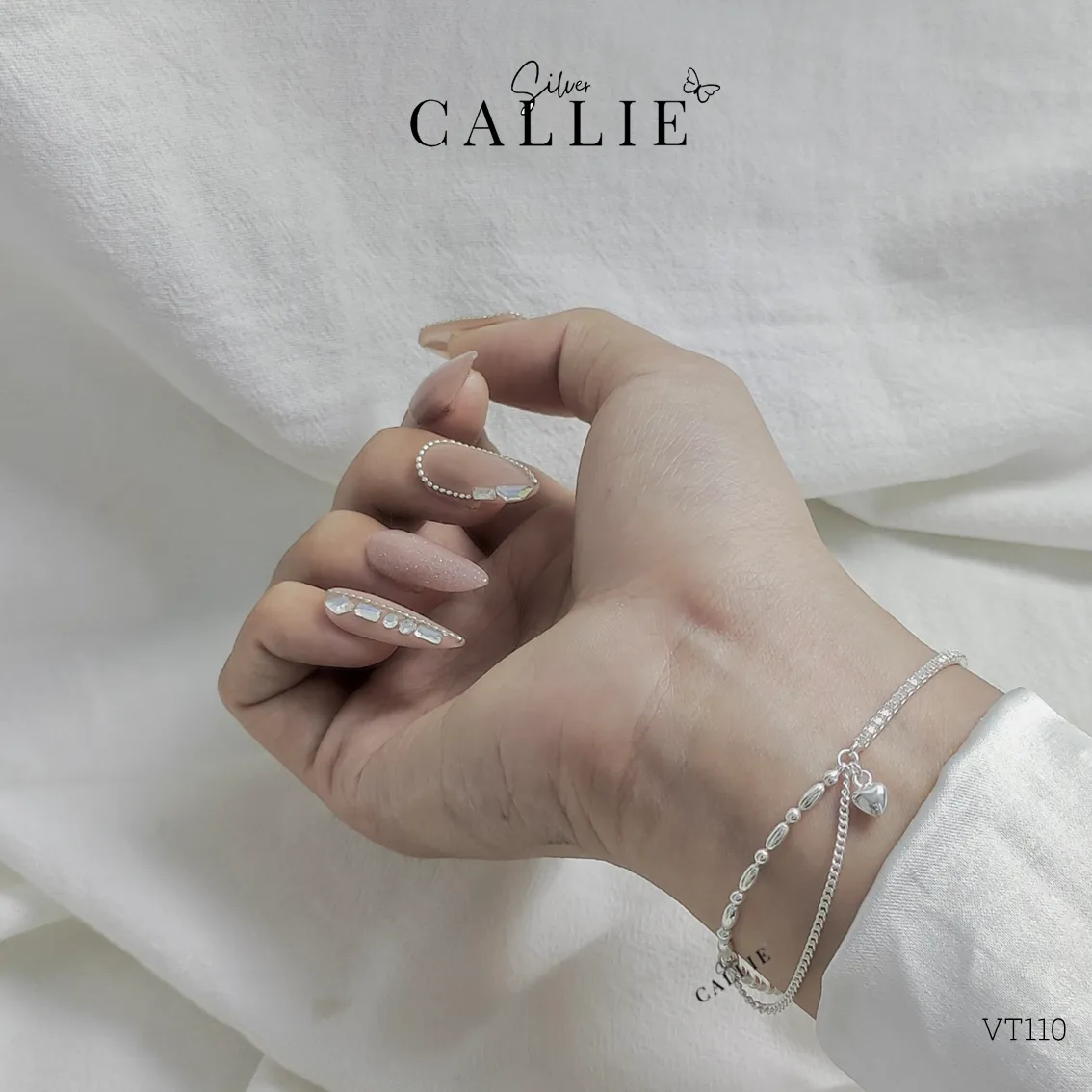 VT110 - Lắc tay bạc Callie Silver hạt gạo phối dây đá - Image 2