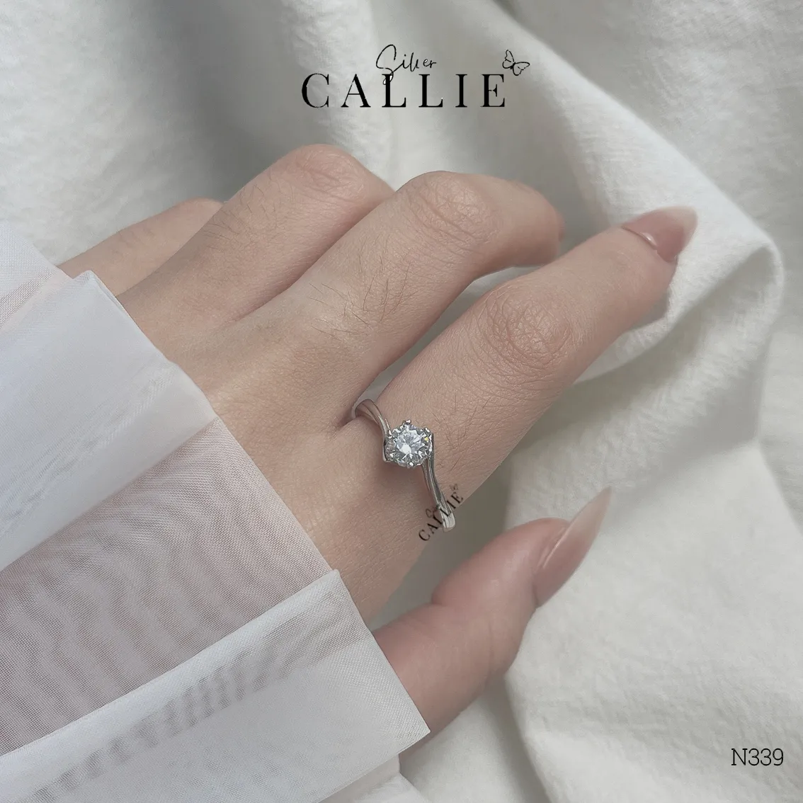 N339 - NHẪN BẠC CALLIE SILVER MỘT VIÊN CHỦ HAI ĐAI XOẮN CHÉO - Image 2
