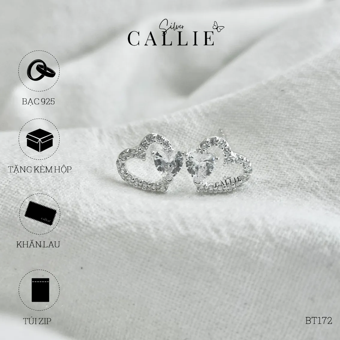 BT172 - Bông tai bạc Callie Silver trái tim đính trái tim nhỏ - Hình ảnh 11