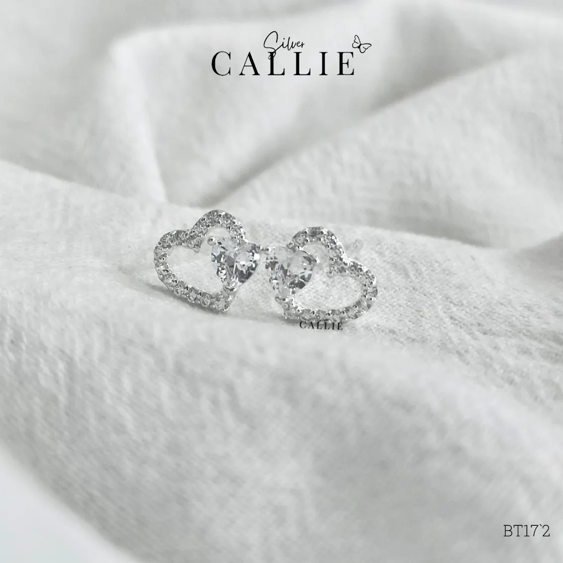 BT172 - Bông tai bạc Callie Silver trái tim đính trái tim nhỏ