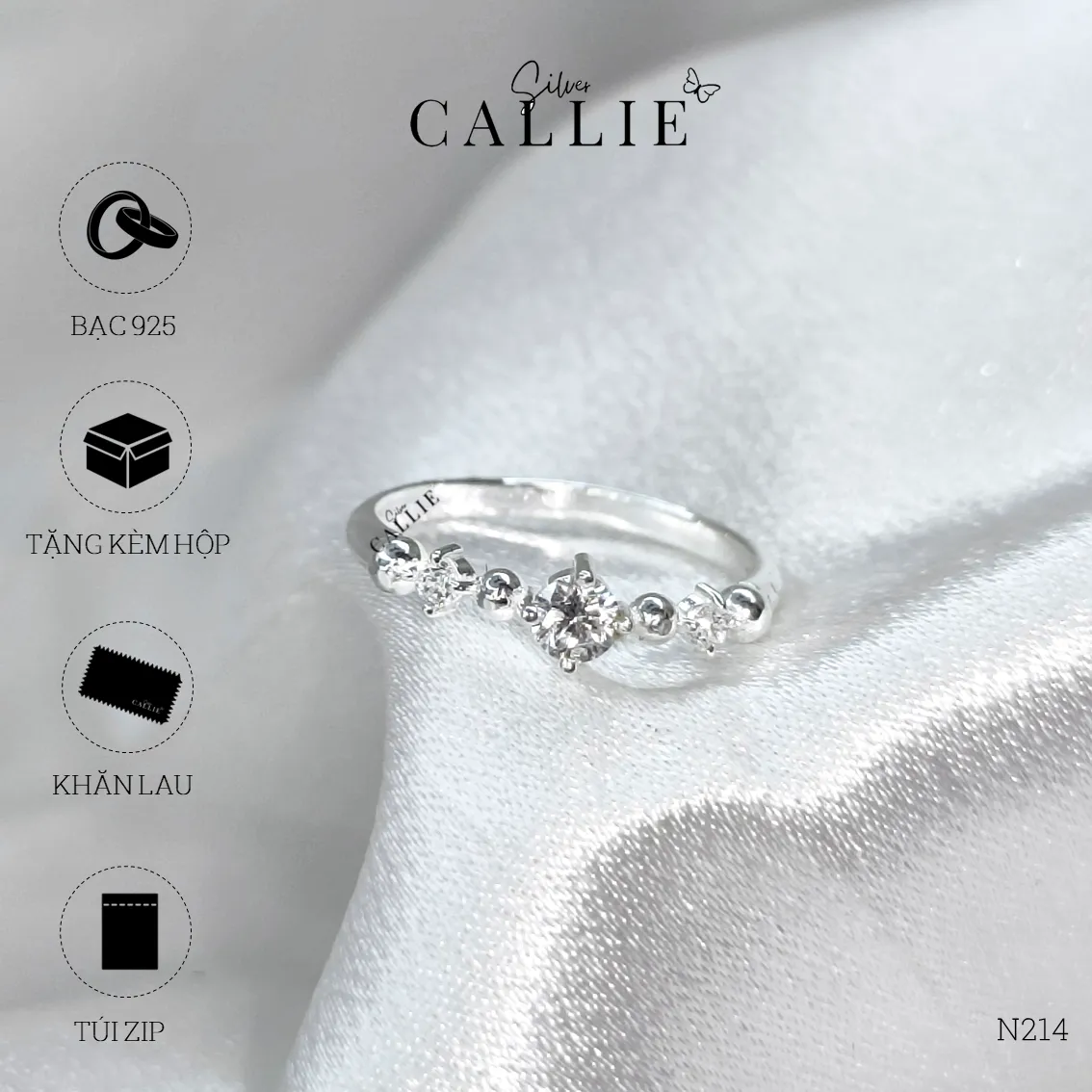 N214 - Nhẫn bạc Callie Silver thiết kế đính đá xen kẽ bi - Hình ảnh 10