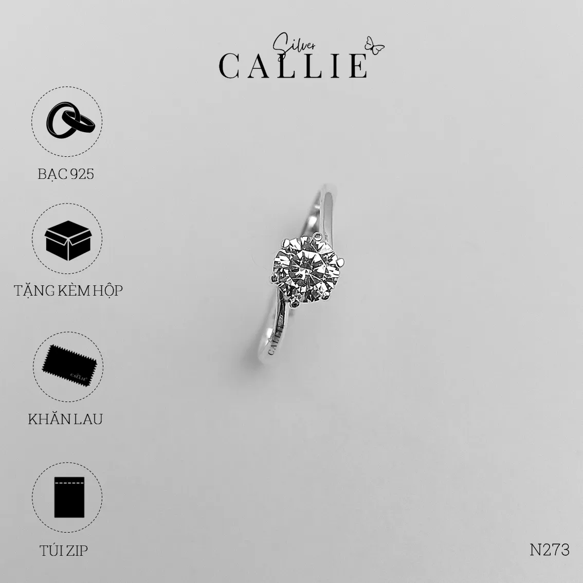 N273 - Nhẫn bạc Callie Silver 1 viên chủ xoắn - Image 10