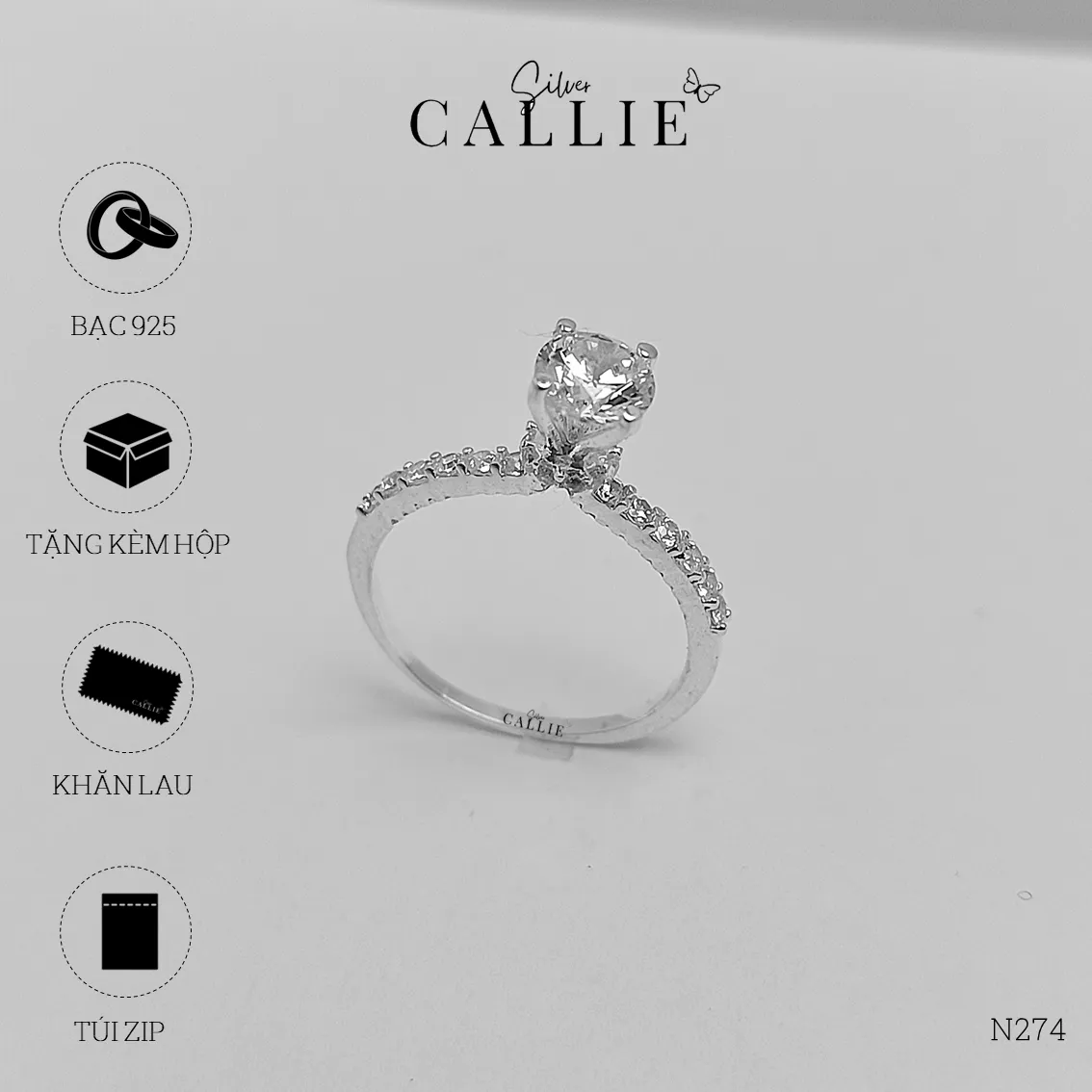 N274 - Nhẫn bạc Callie Silver 1 viên chủ đá hai bên - Hình ảnh 10