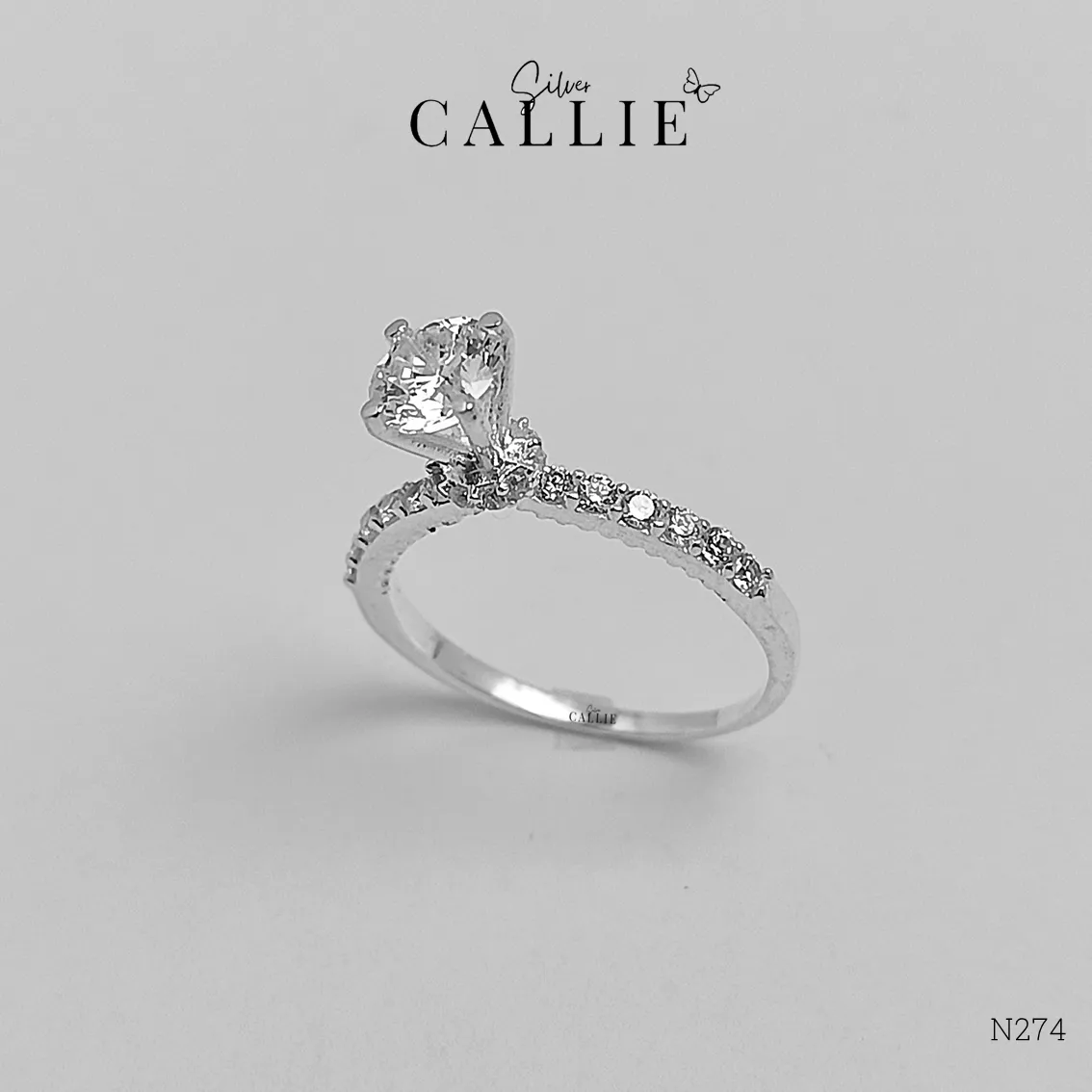 N274 - Nhẫn bạc Callie Silver 1 viên chủ đá hai bên - Hình ảnh 5