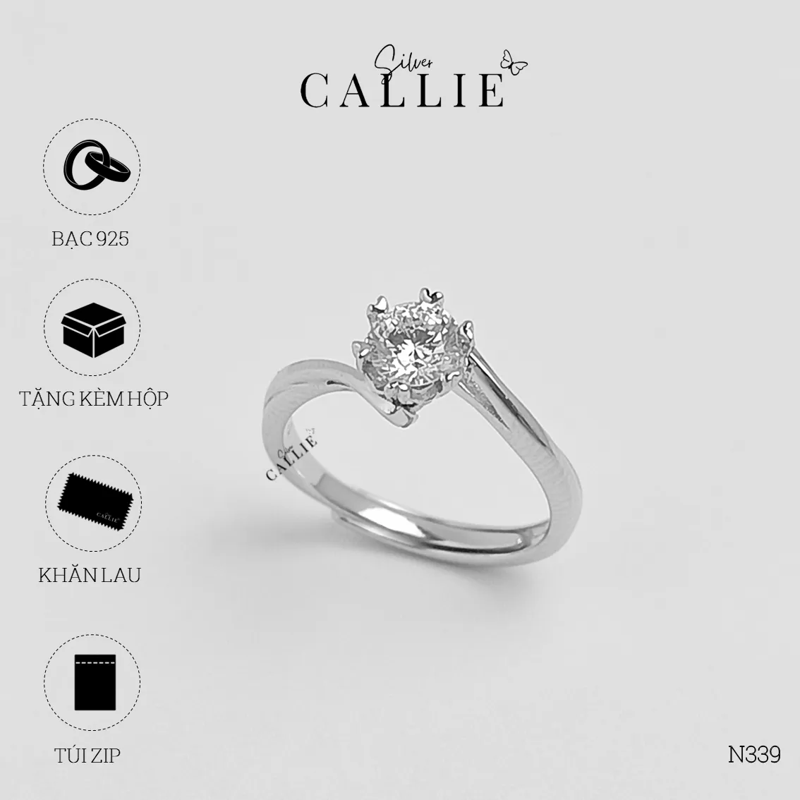 N339 - NHẪN BẠC CALLIE SILVER MỘT VIÊN CHỦ HAI ĐAI XOẮN CHÉO - Image 10
