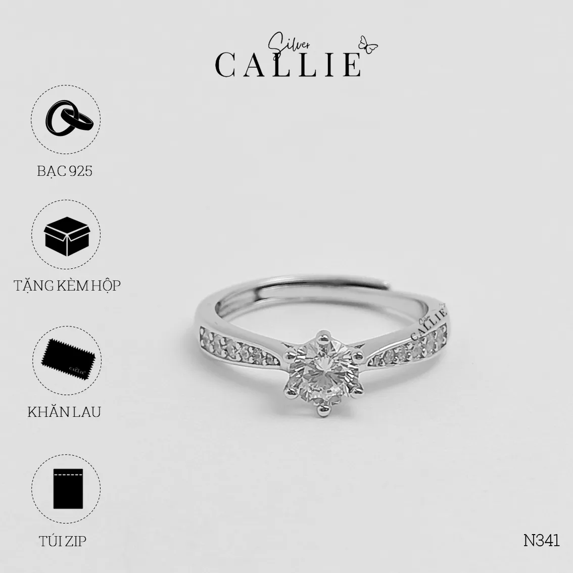 N341 - NHẪN BẠC CALLIE SILVER VIÊN CHỦ ĐÍNH ĐÁ - Image 10