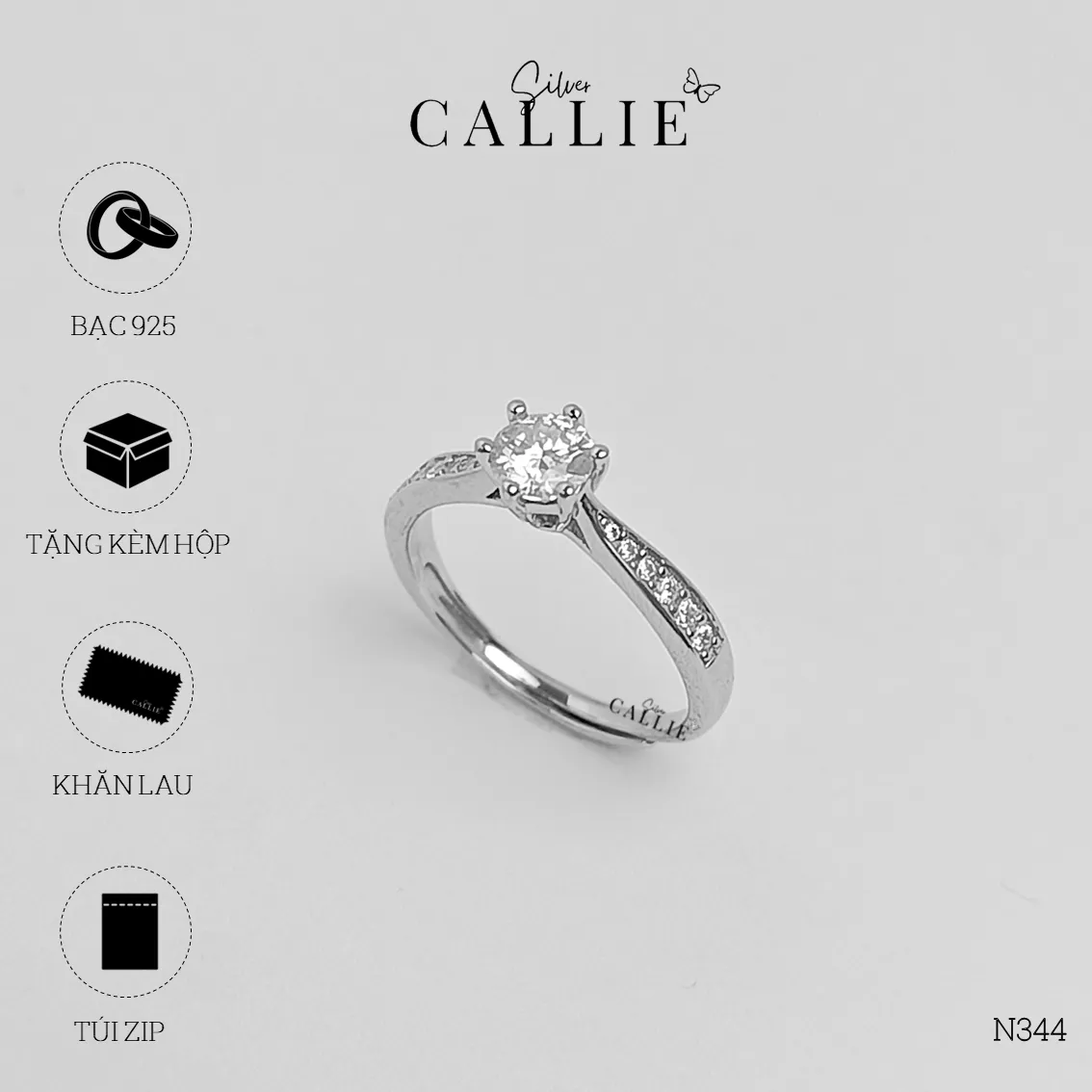 N344 - NHẪN BẠC CALLIE SILVER 1 VIÊN CHỦ ĐÁ HAI BÊN - Image 8