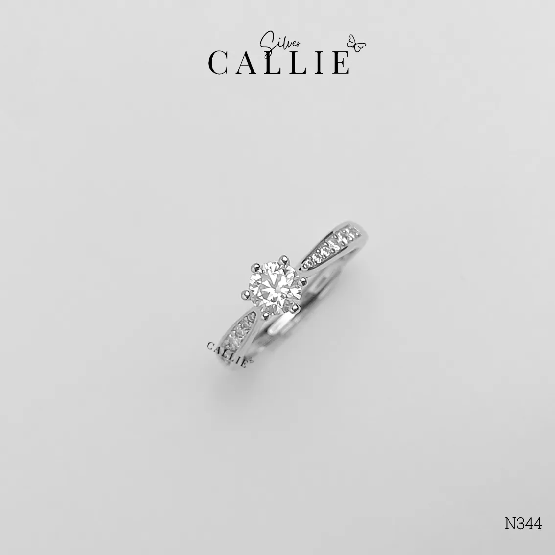 N344 - NHẪN BẠC CALLIE SILVER 1 VIÊN CHỦ ĐÁ HAI BÊN