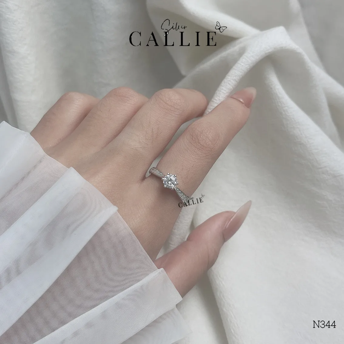 N344 - NHẪN BẠC CALLIE SILVER 1 VIÊN CHỦ ĐÁ HAI BÊN - Image 2