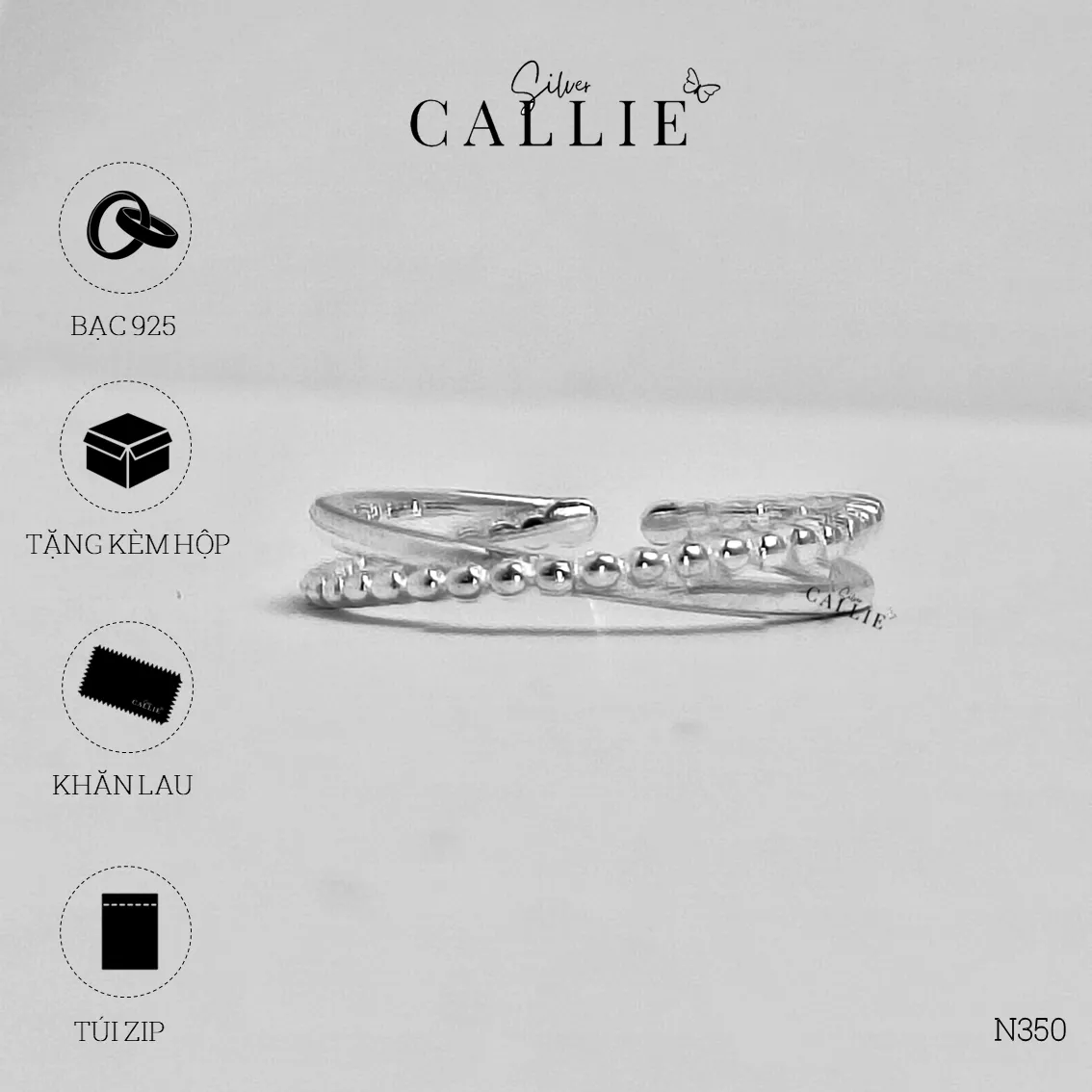 N350 - Nhẫn bạc Callie Silver 2 đai chéo nhau free size - Hình ảnh 10