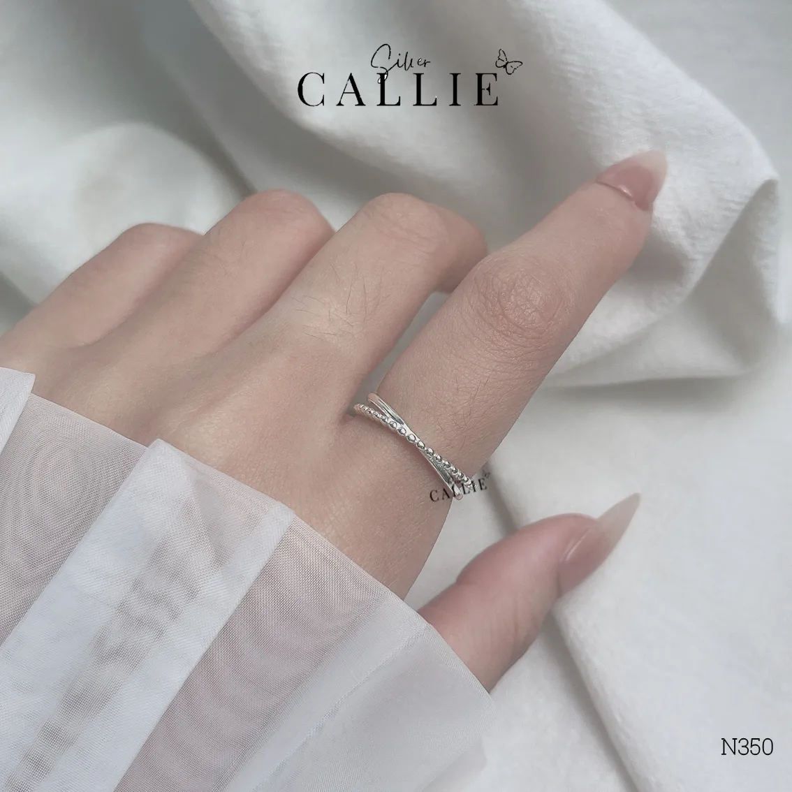 N350 - Nhẫn bạc Callie Silver 2 đai chéo nhau free size - Hình ảnh 2