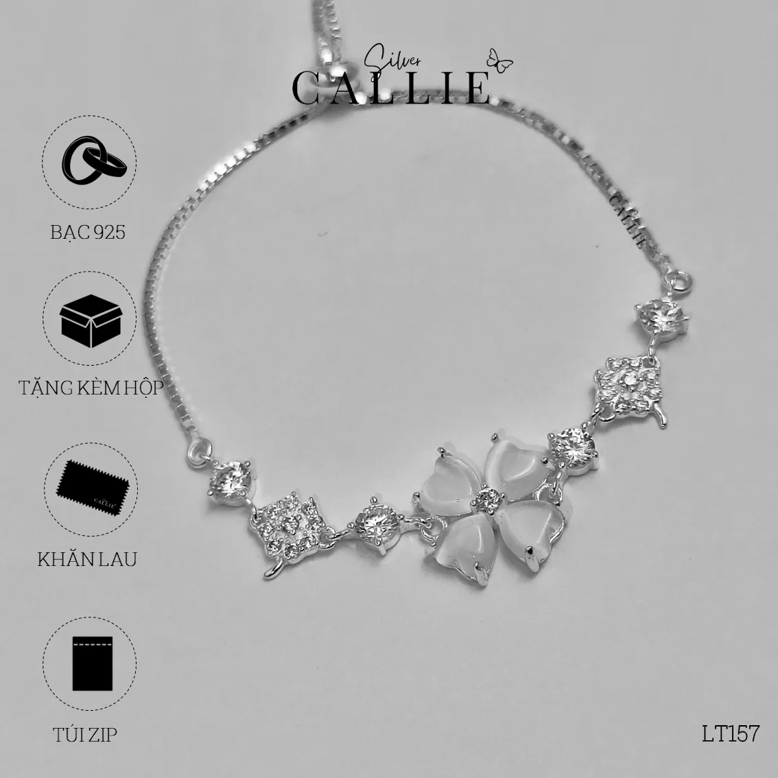 LT157 - LẮC TAY BẠC CALLIE SILVER TIM TRẮNG DÂY RÚT - Image 10