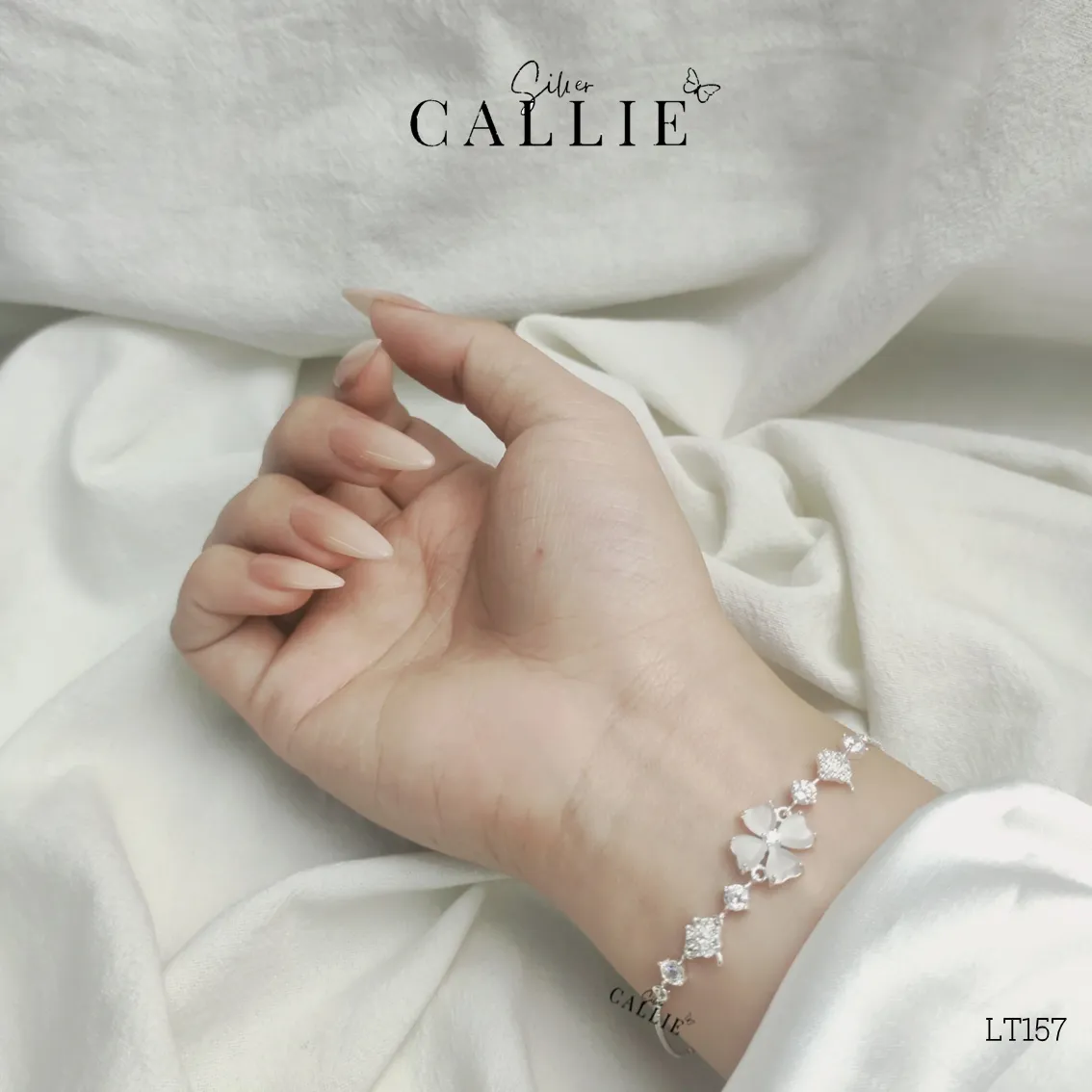 LT157 - LẮC TAY BẠC CALLIE SILVER TIM TRẮNG DÂY RÚT - Image 2