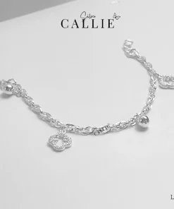LT164 - Lắc tay bạc Callie Silver cỏ 4 lá đính đá viền lá, bi tòn ten
