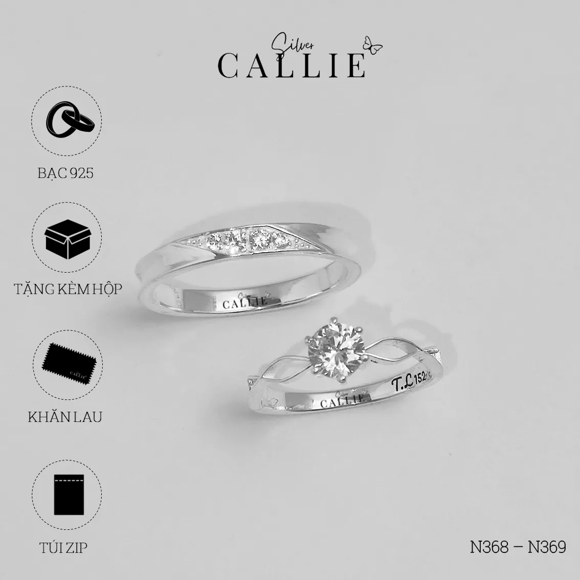 N368 – N369: Nhẫn Bạc Đôi Thiết Kế Callie Silver - Hình ảnh 9