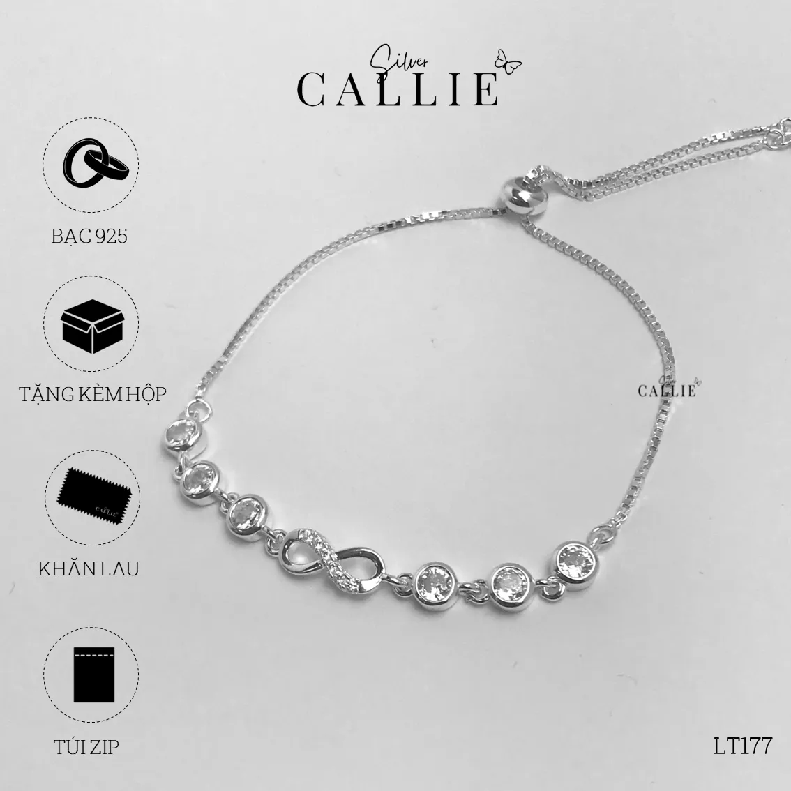 LT177 - Lắc tay bạc Callie Silver mặt vô cực đá tròn 2 bên - Hình ảnh 10
