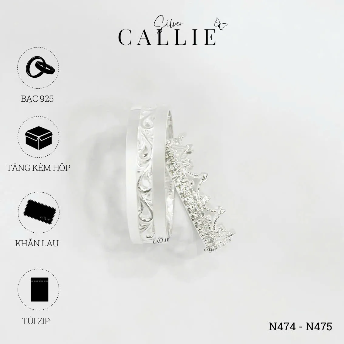 N474 - N475: Nhẫn Bạc Đôi Thiết Kế Callie Silver Vương Miện - Hình ảnh 12