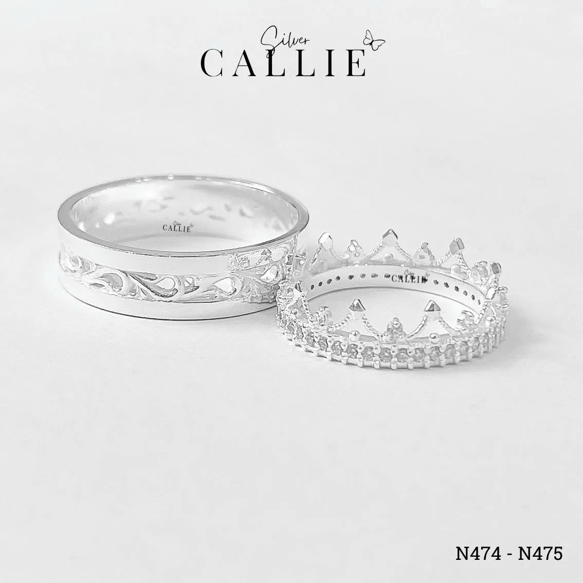 N474 - N475: Nhẫn Bạc Đôi Thiết Kế Callie Silver Vương Miện