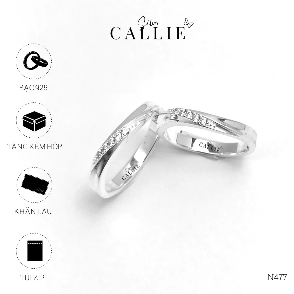 N477 - Nhẫn Bạc Thiết Kế Callie Silver Gợn Sóng Đính Đá - Hình ảnh 10