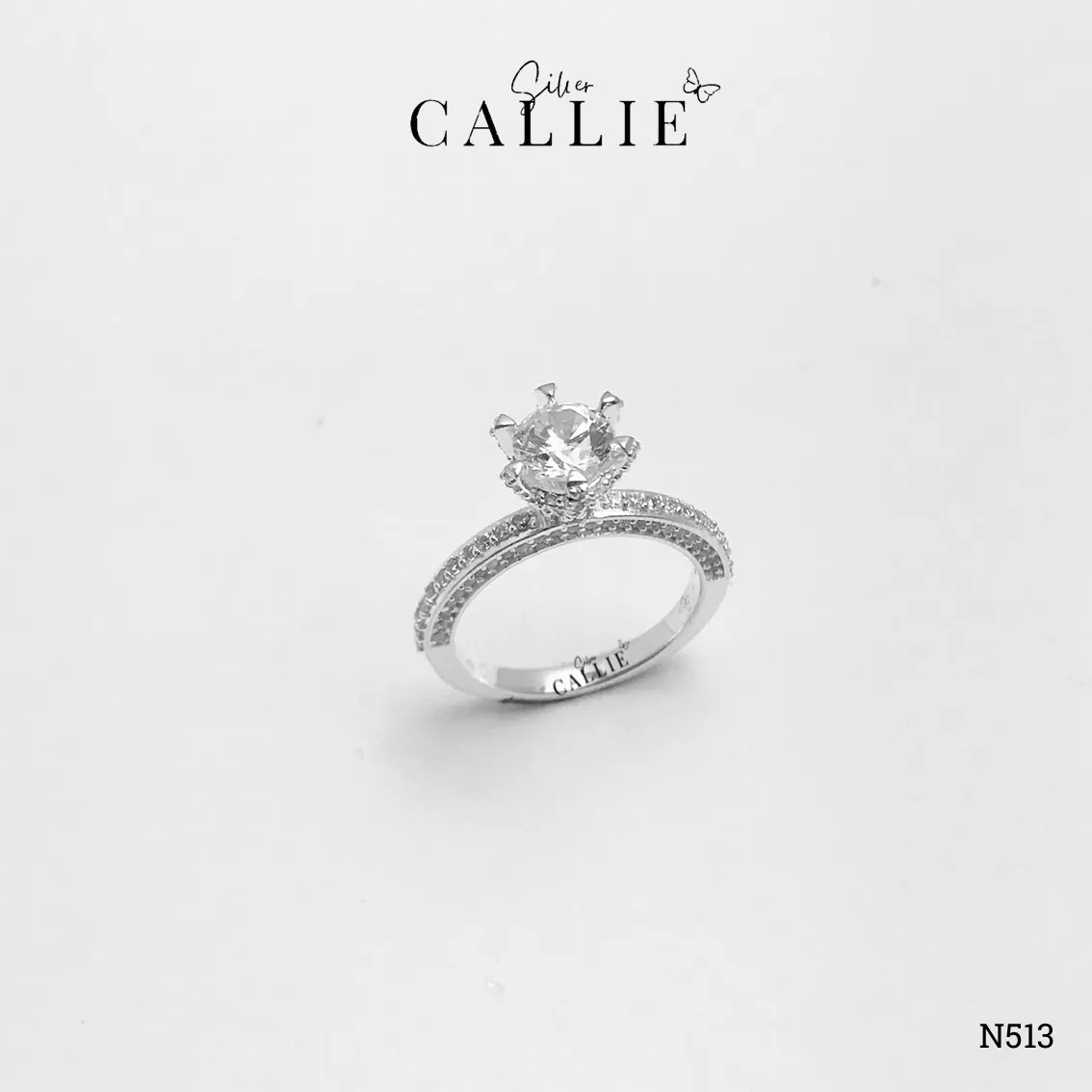 N513 - Nhẫn Bạc Thiết Kế Callie Silver 1 Viên Chủ 2 Bên Đính Đá - Image 2