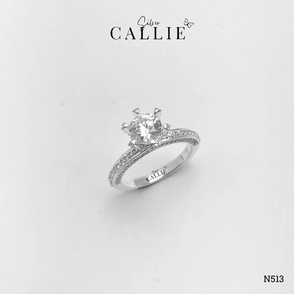 N513 - Nhẫn Bạc Thiết Kế Callie Silver 1 Viên Chủ 2 Bên Đính Đá - Image 4