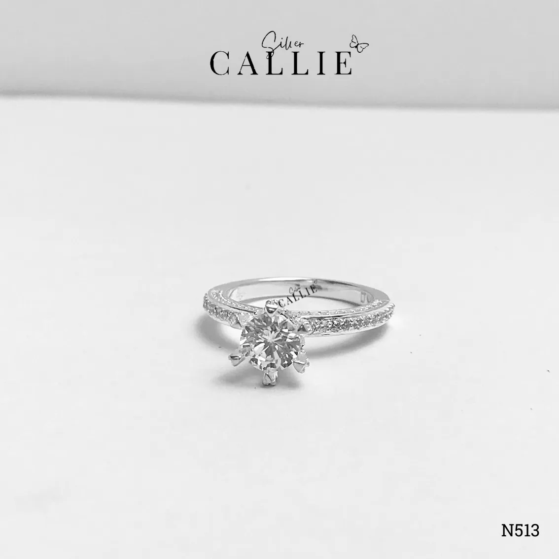 N513 - Nhẫn Bạc Thiết Kế Callie Silver 1 Viên Chủ 2 Bên Đính Đá - Image 6