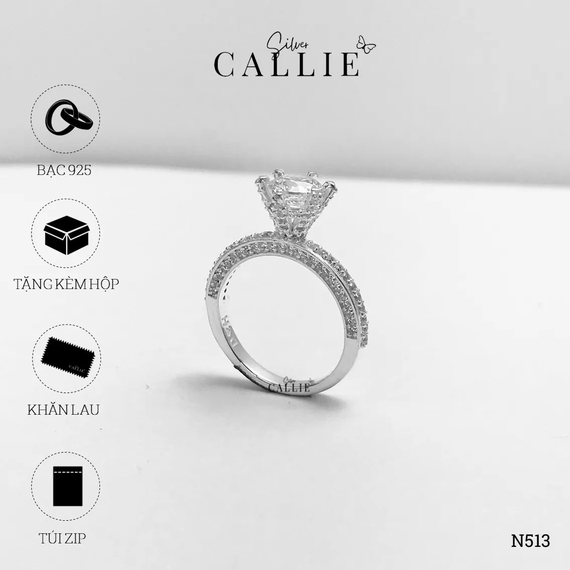 N513 - Nhẫn Bạc Thiết Kế Callie Silver 1 Viên Chủ 2 Bên Đính Đá - Image 9