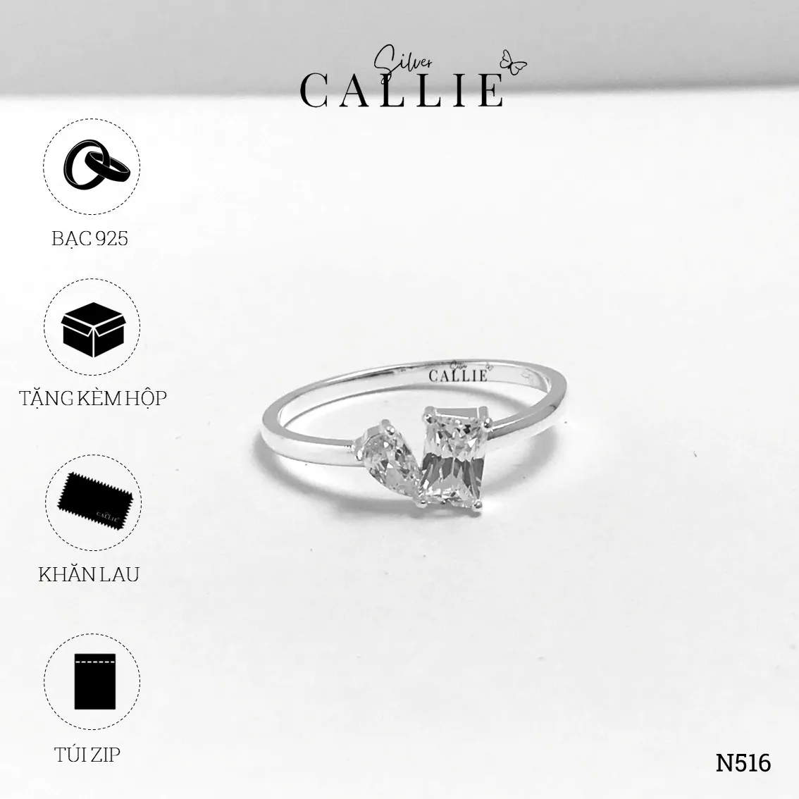 N516 - Nhẫn Bạc Thiết Kế Callie Silver Đá Ghép Trái Tim - Hình ảnh 9