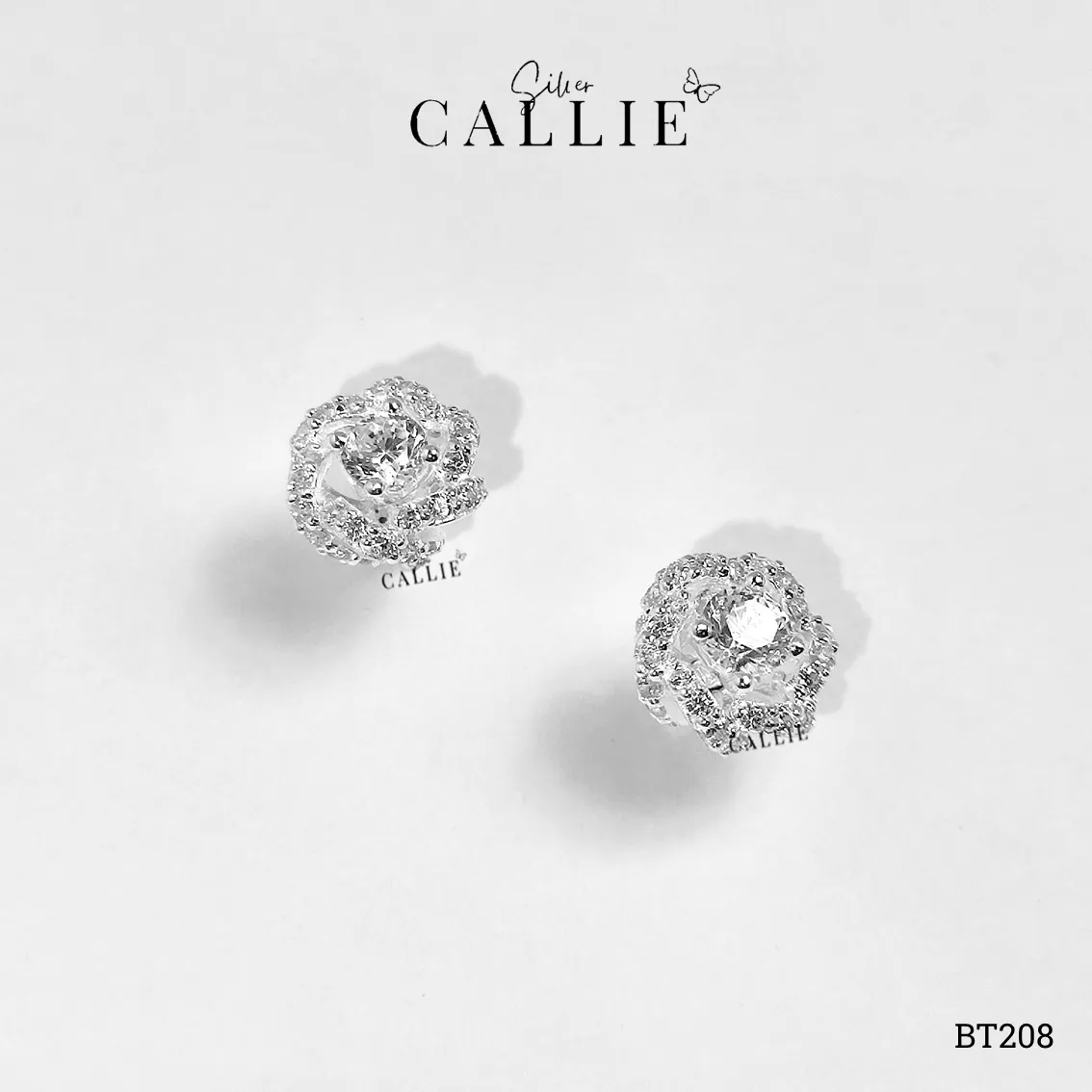 BT208 - Bông Tai Bạc Thiết Kế Callie Silver Hoa Hồng Đính Đá