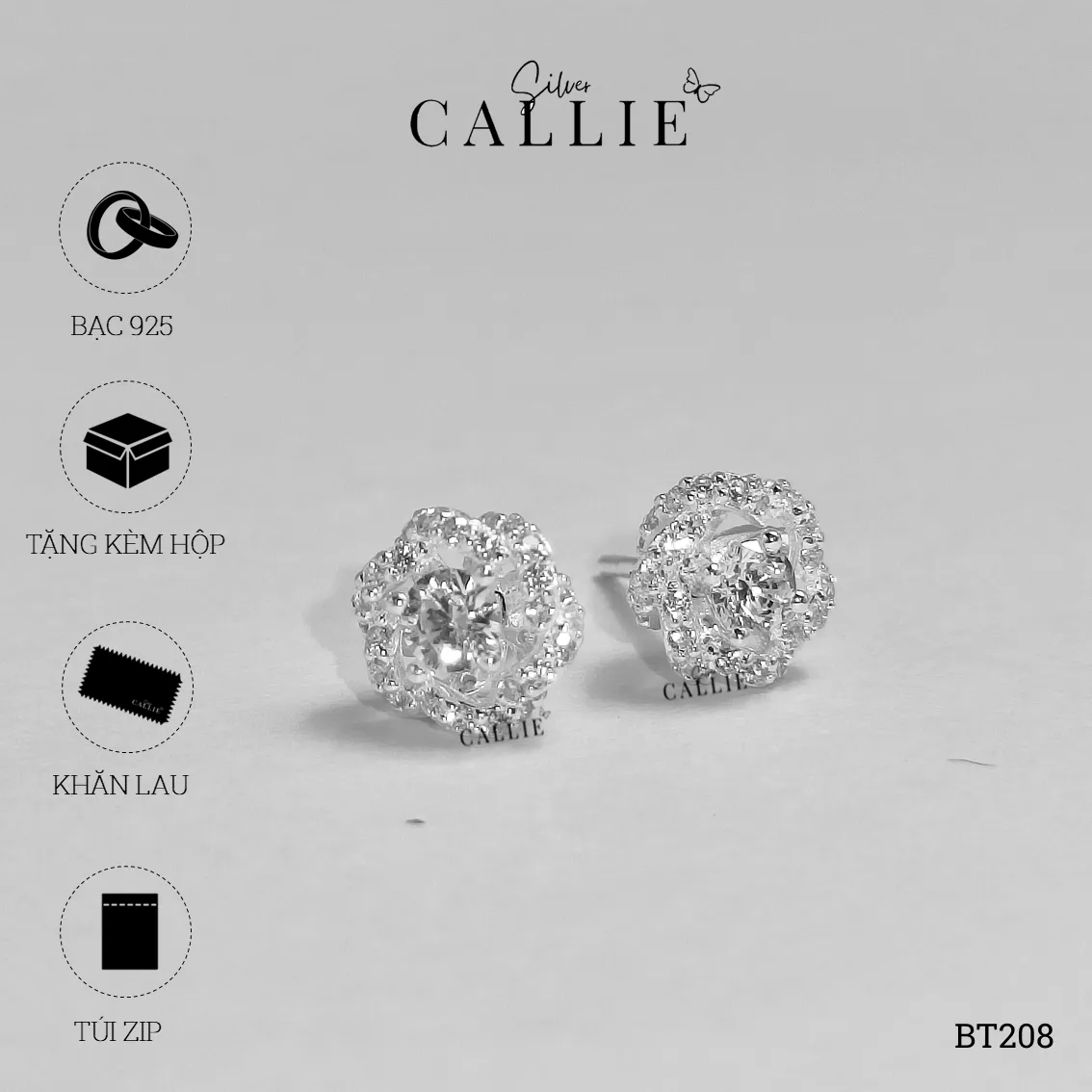 BT208 - Bông Tai Bạc Thiết Kế Callie Silver Hoa Hồng Đính Đá - Hình ảnh 9