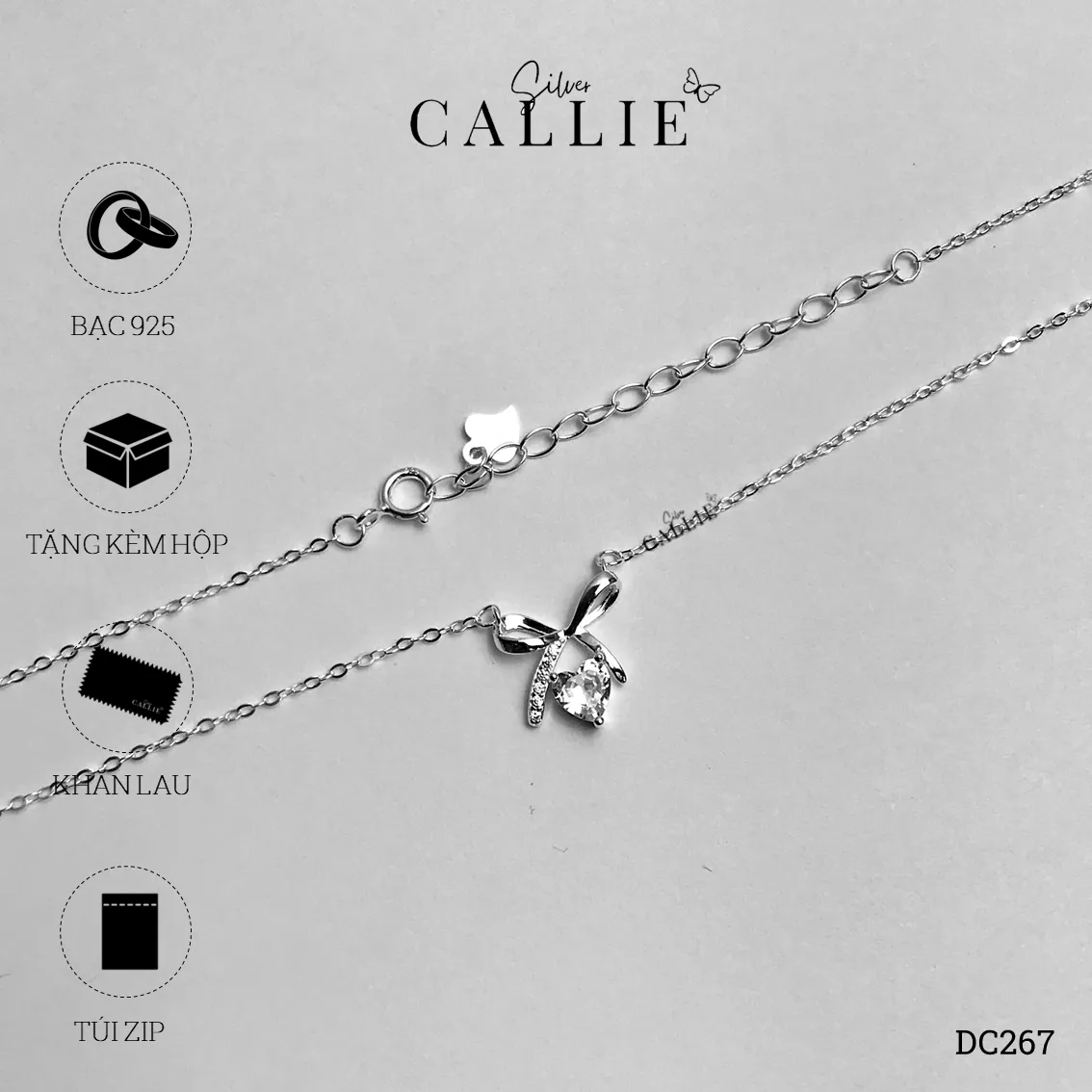 DC267 - Dây Chuyền Bạc Callie Silver Nơ Đá Trái Tim - Hình ảnh 10