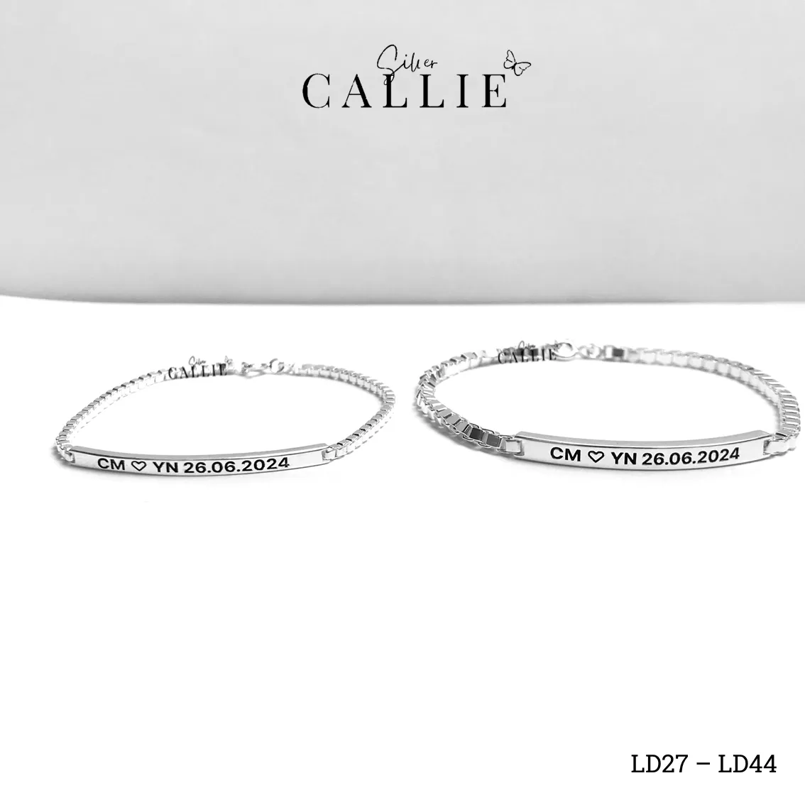 LD27 - LD44: Lắc tay đôi Callie Silver dạng hộp mặt khối chữ nhật - Image 5
