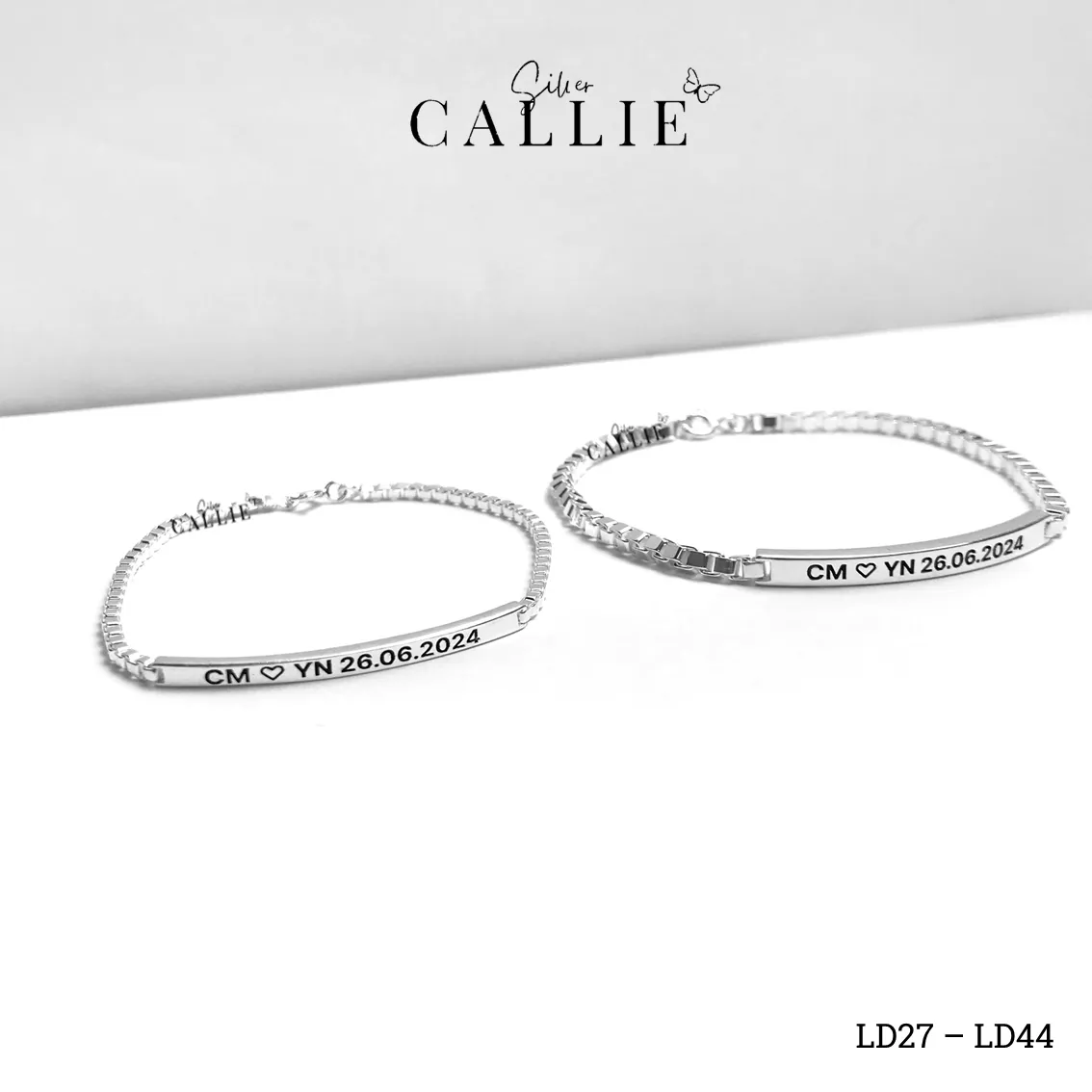 LD27 - LD44: Lắc tay đôi Callie Silver dạng hộp mặt khối chữ nhật - Image 3