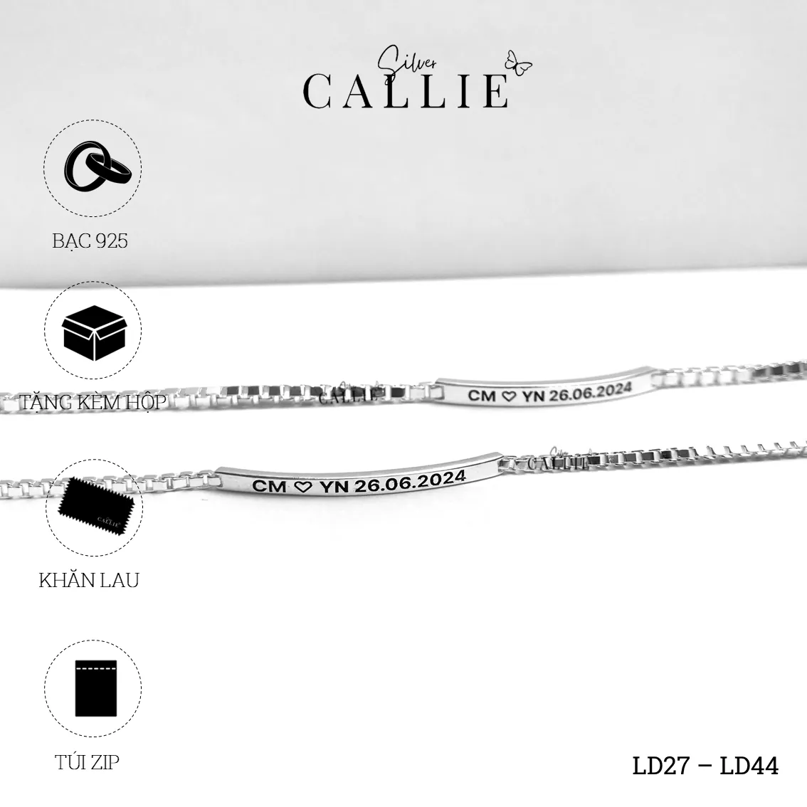 LD27 - LD44: Lắc tay đôi Callie Silver dạng hộp mặt khối chữ nhật - Image 8