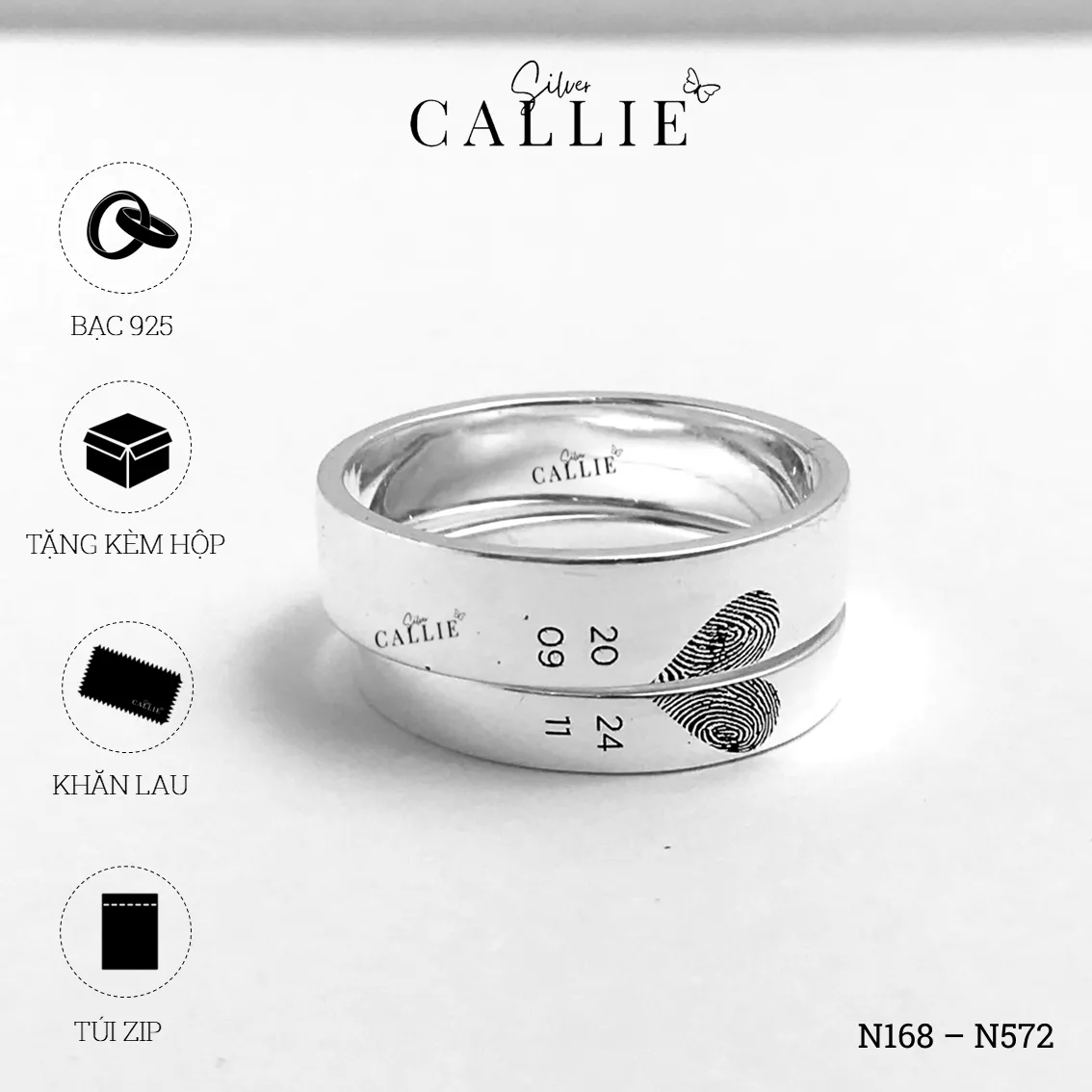 N168 - N572: Nhẫn đôi bạc thiết kế Callie Silver vân tay - Hình ảnh 8