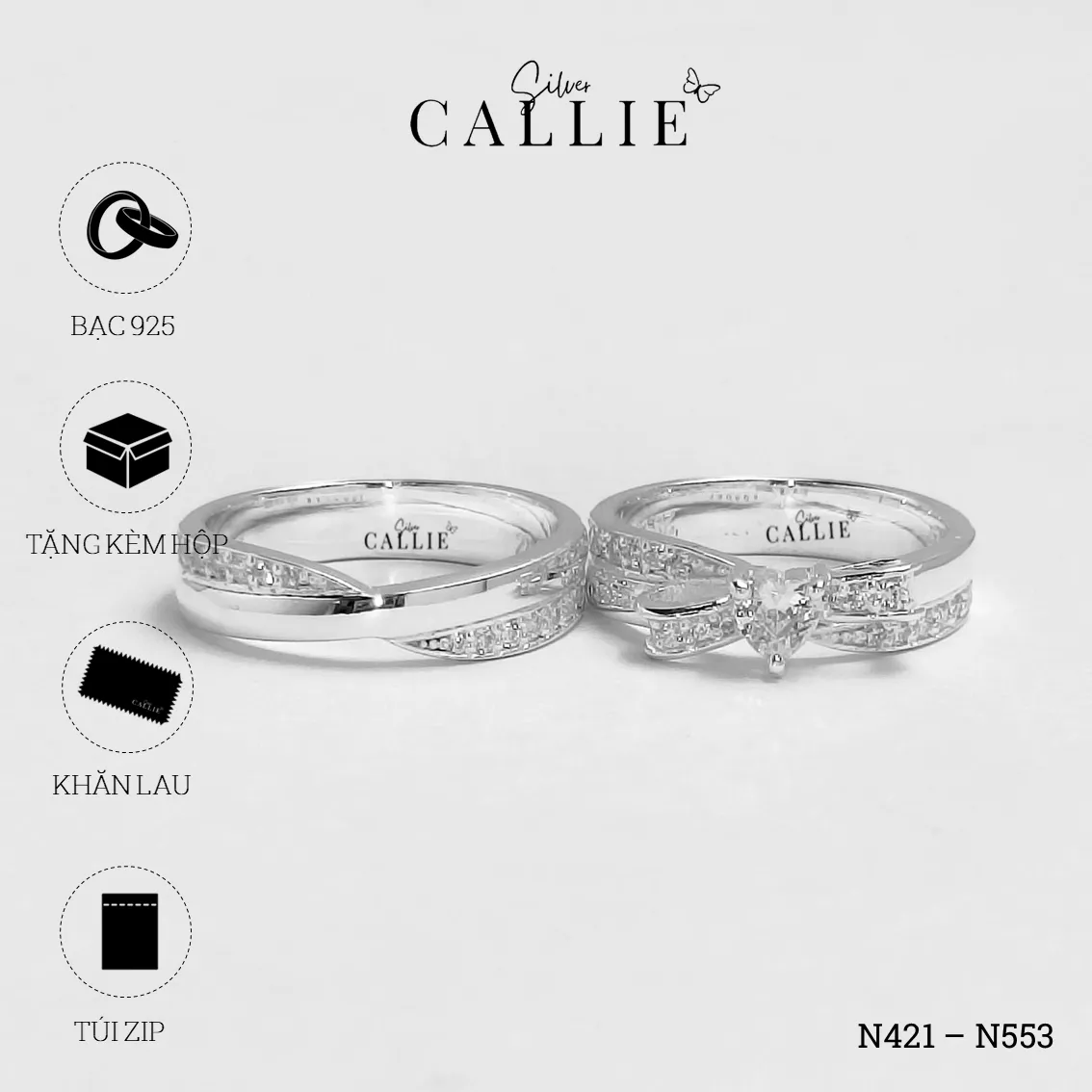 N421 - N553: Nhẫn bạc thiết kế Callie Silver nơ tim đính đá - Hình ảnh 9