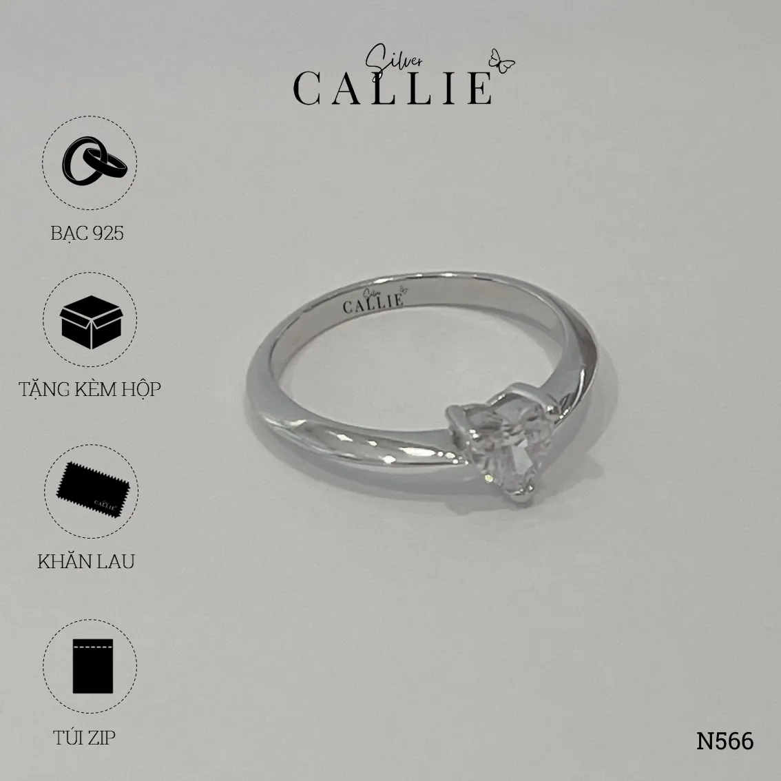 N566 - Nhẫn Bạc Thiết Kế Callie Silver Trái Tim Đai Trơn - Hình ảnh 10