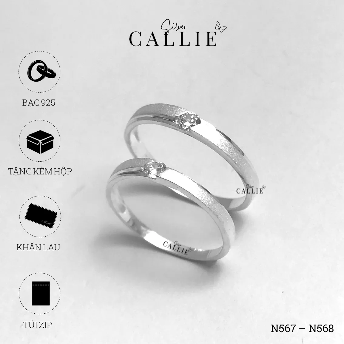 N567 - N568: Nhẫn đôi bạc Callie Silver 1 viên chủ đai cát hai bên - Image 10