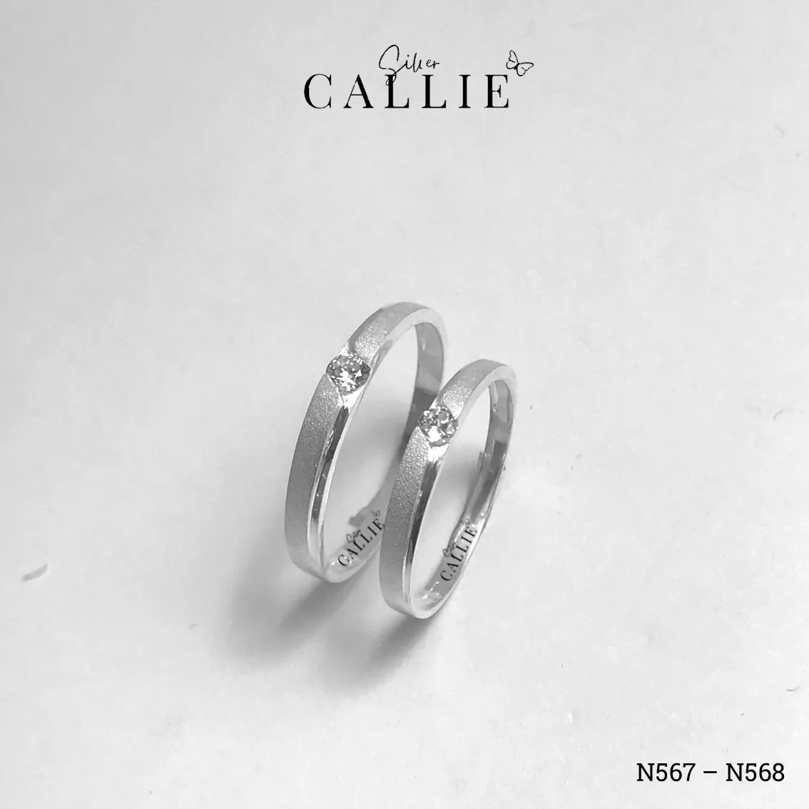 N567 - N568: Nhẫn đôi bạc Callie Silver 1 viên chủ đai cát hai bên - Image 3